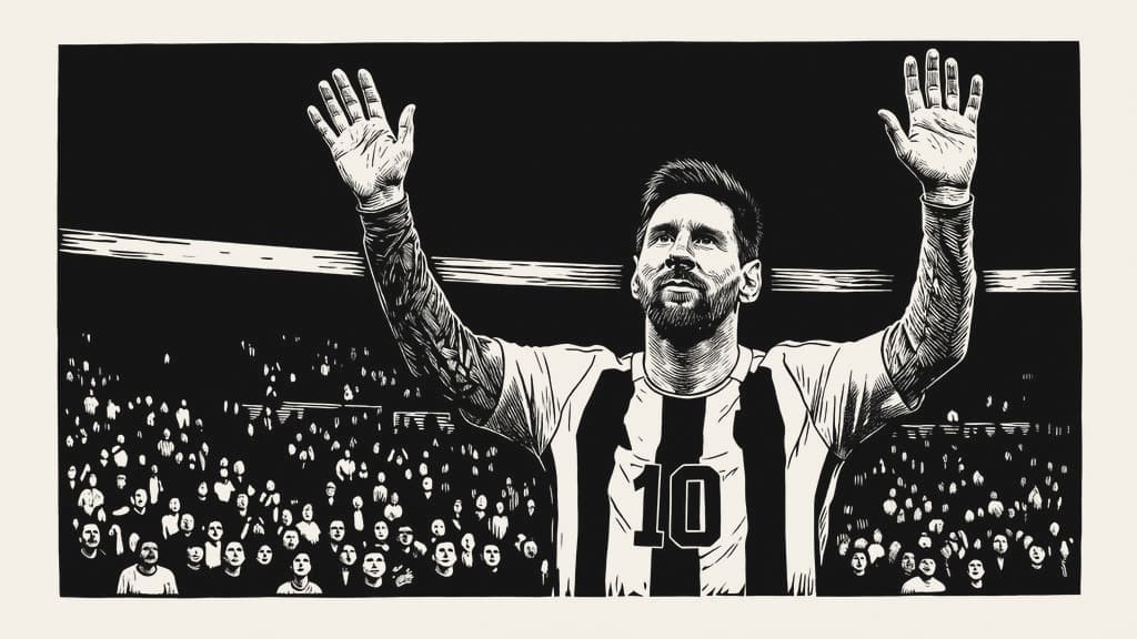 Linocut of Messi in the number 10 shirt, both arms raised, waving goodbye to the crowd at the Monumental