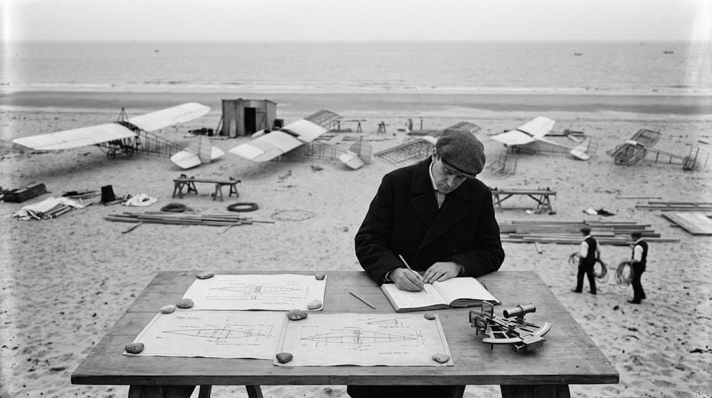 A man writing in a notebook at a table of wing drawings, the glider yard behind him